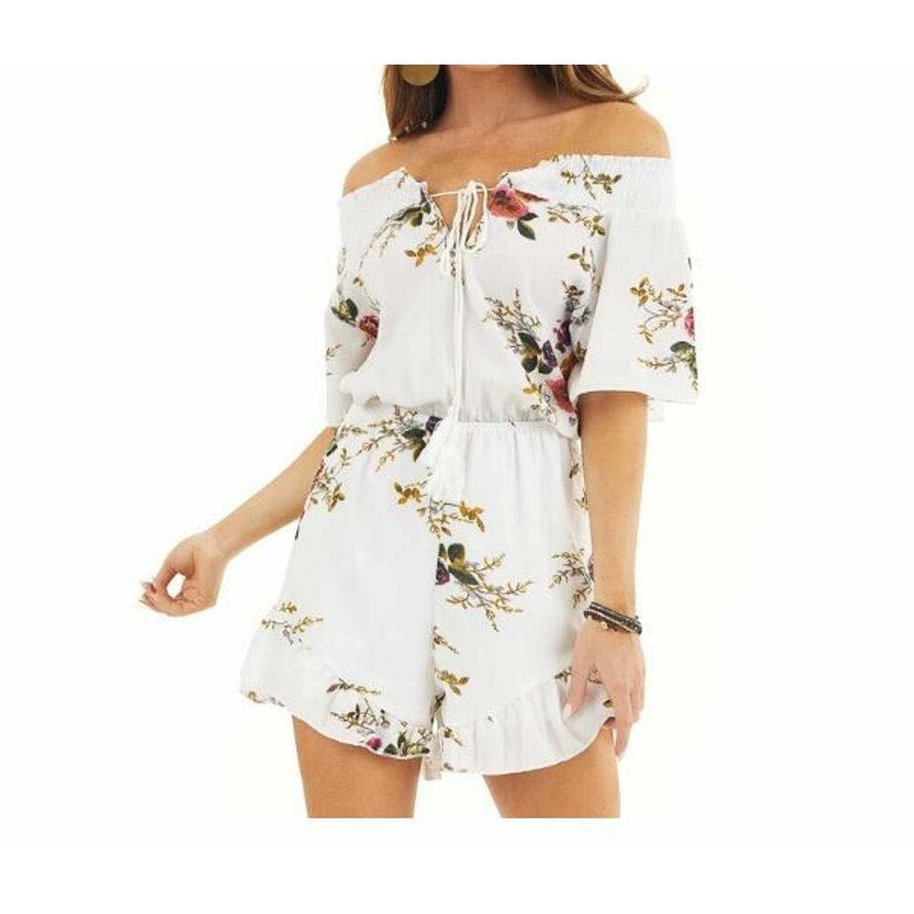 davi & dani Daisy White Off Shoulder Floral‎ Print Romper With Tassel Tie M